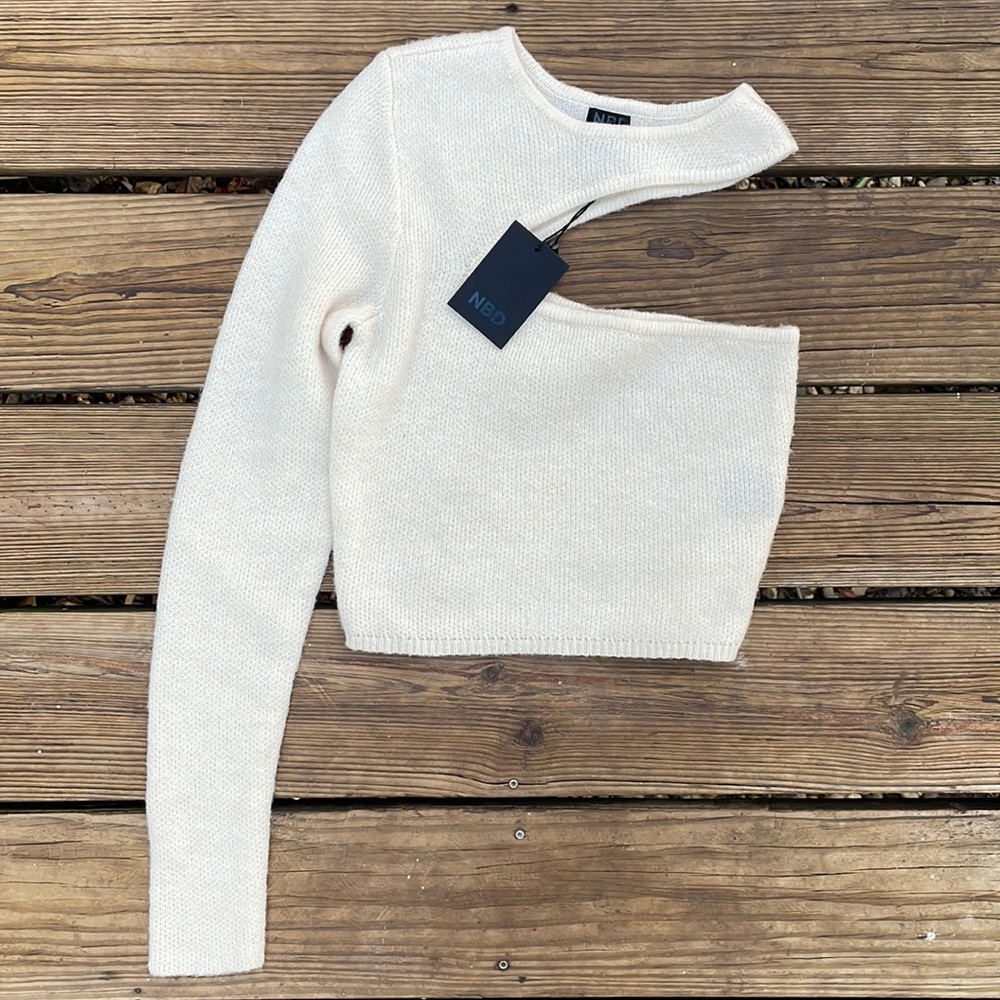 NBD Ivory Olivia Asymmetric Cropped Sweater